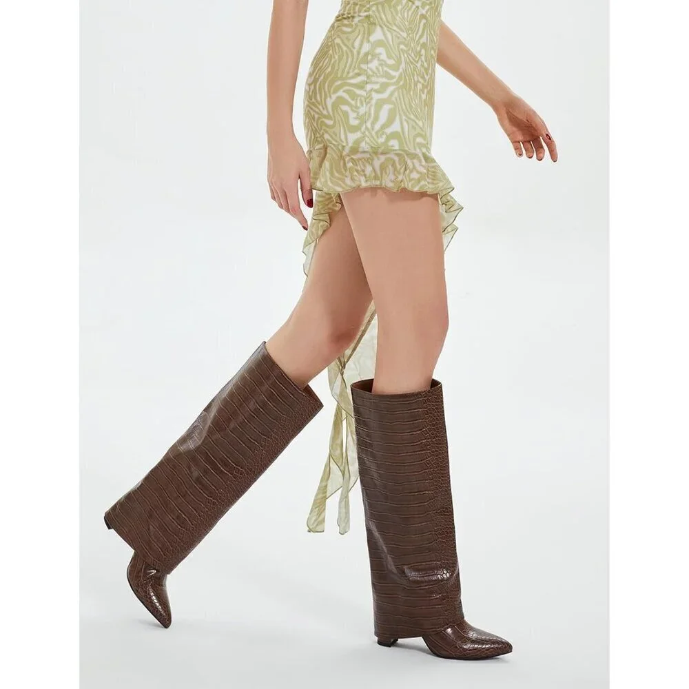 Women Crocodile-brown Leather Fold Over Knee High Chunky High Heels Long Boot